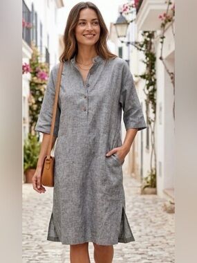Vikolino Weekend Linen Tunic Shirt Dress in Heather Gray Sz M/L